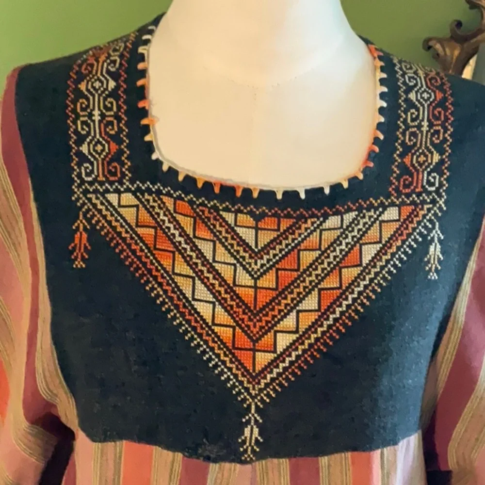 Vintage 70s maxi cotton striped dress w/angel sleeves, hand embroidered yoke - Picture 2 of 6